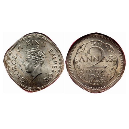George VI, Copper-Nickel, 2 Annas, 1946, Bombay Mint, Head Type II, Dots by year, Planchet