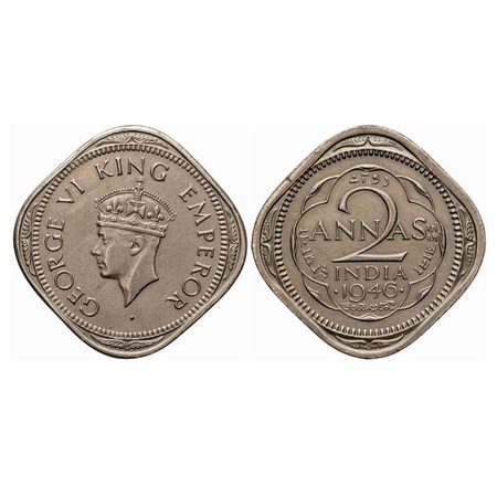 George VI, Copper-Nickel, 2 Annas, 1946, Bombay mint, Head Type II, Dots by year. Gk 1370.