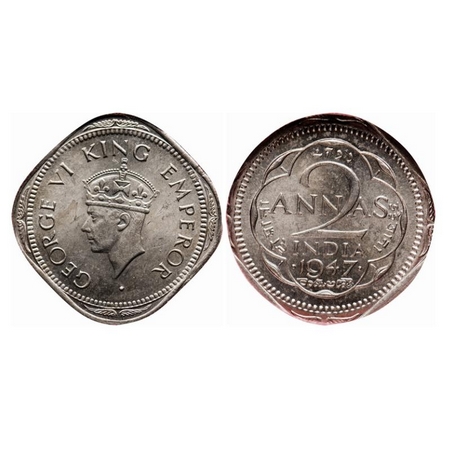 George VI, Copper-Nickel, 2 Annas, 1947, Bombay Mint, Head Type II, Dots by year, Planchet