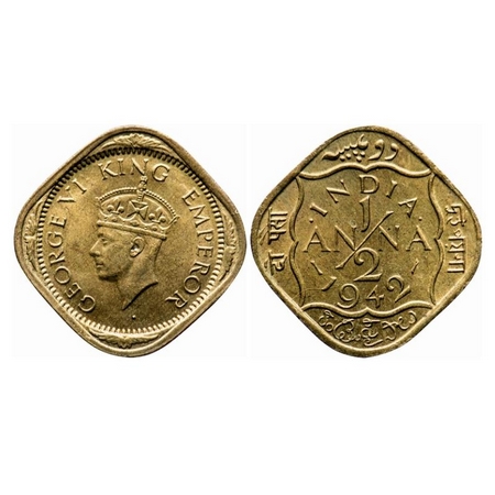 George VI, Nickel-Brass, 1/2 Anna, 1942, Bombay Mint, Dots by India, Dashes by year, Tiny