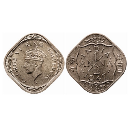 George VI, Copper-Nickel, 1/2 Anna, 1947, Bombay Mint, Dots by India, Dashes by year, 2 Ti