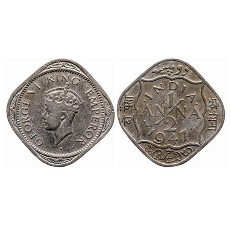 George VI, Copper-Nickel, 1/2 Anna, 1947, Bombay Mint, Dots by India, Dash-Dot-Dash. GK 14