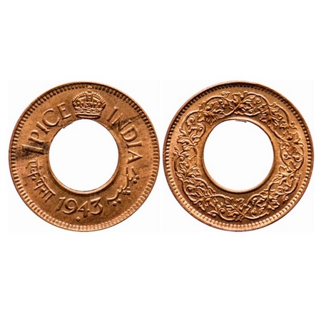 George VI, Bronze, Pice, 1943, Bombay Mint, Round Crown, Diamond, Year numerals size may v