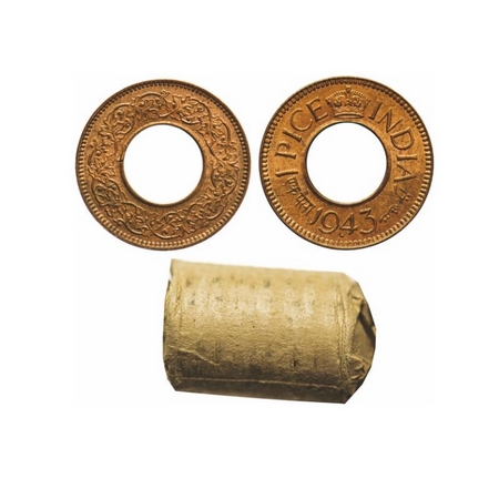 George VI, Bronze, Pice (Roll of 24 Coins), 1943, Bombay Mint, High crown, Diamond, Year n