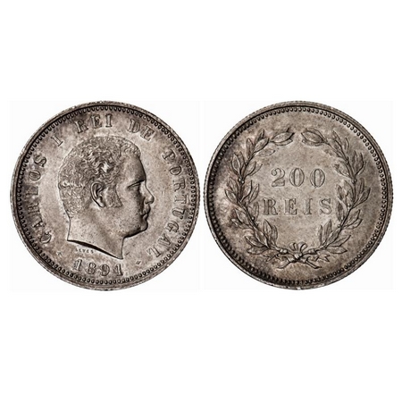 Portugal, (0.917 Silver), 200 Reis, 1891, Carlos I, Obv: Portrait of King, head Right and 
