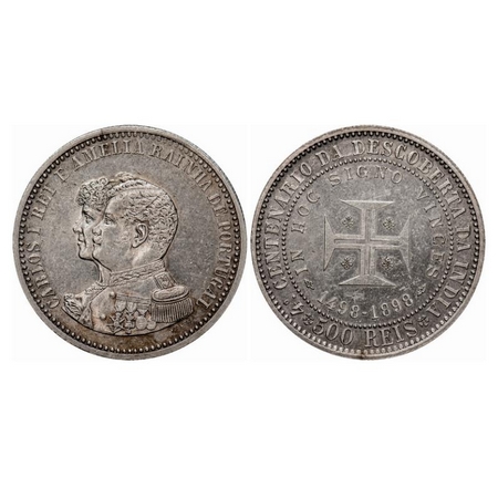 Portugal, Silver (0.917 silver), 1898, 400th Anniversary Discovery of India. 500 Reis. Obv