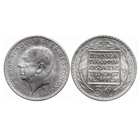 Sweden, (0.400 Silver), 5 Kronor, 17.80g, 1966, 100th Anniversary of Constitution Reform,