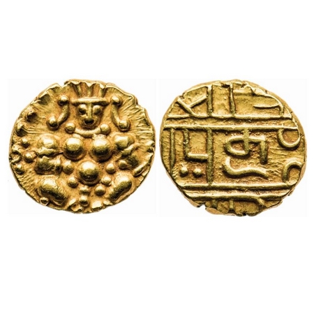 Vijayanagar, Gold, 3.26g, Krishna Devaraya, 1509-30 AD, Obv: Balakrishna seated, 1509-30AD