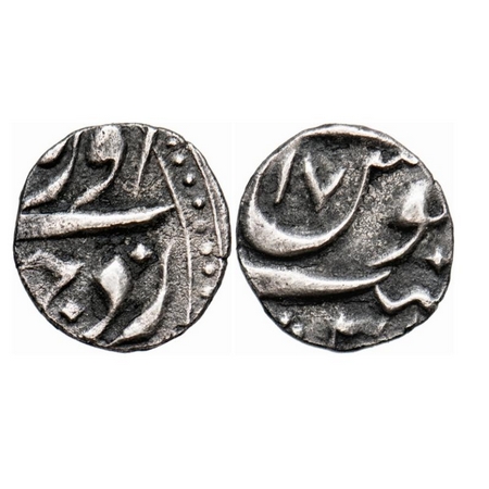 Aurangzeb, Silver 1/16 Rupee, 0.66g, (Ujjain) Mint, mint name is hardly at bottom on rev. 