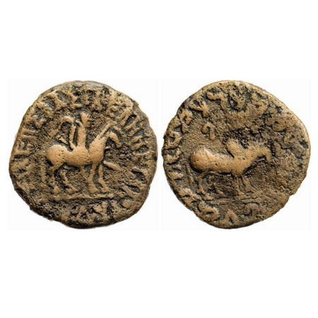 Indo-Scythians, Azes, Copper (Unit) Pentachalkon, heavy weight 26.9g, Obv: King mounted on