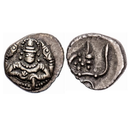 Cochin, Silver 2 Puttuns, 1.07g, British Proctectorate issue, Obv: Siva seated, Rev: Conch