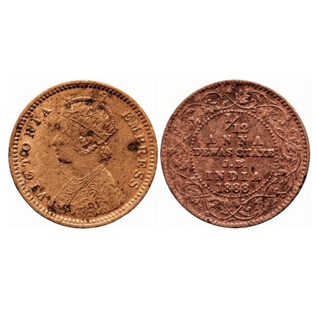 Dewas Junior Branch, Copper 1/12 Anna, 1.78gm, Narayan Rao, 1888 AD, bust of Victoria Empr