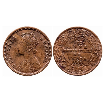 Dewas Senior Branch, Copper 1/12 Anna, 2.07g, Narayan Rao, AD 1888. Crowned bust of Victor