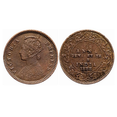 Dewas Senior Branch, Copper 1/12 Anna, 1.93g, Narayan Rao, AD 1888. Crowned bust of Victor