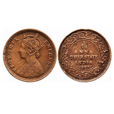 Dhar, Copper 1/12 Anna, 2.00g, Anand Rao III, AD 1887, bust of Victoria Empress on obv. KM