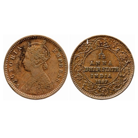 Dhar, Copper 1/12 Anna, 1.96g, Anand Rao III, AD 1887, bust of Victoria Empress on obv. KM
