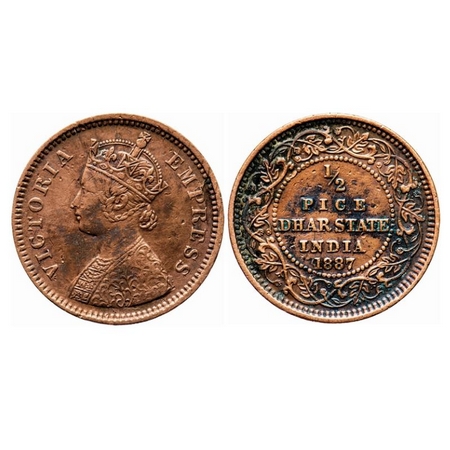 Dhar, Copper ½ Pice, Anand Rao III, AD 1887, bust of Victoria Empress on obv. KM 12. Fine+