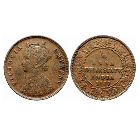 Dhar, Copper ¼ Anna, 6.38g, Anand Rao III (1860-1898 AD), 1887 AD, bust of Victoria Empres