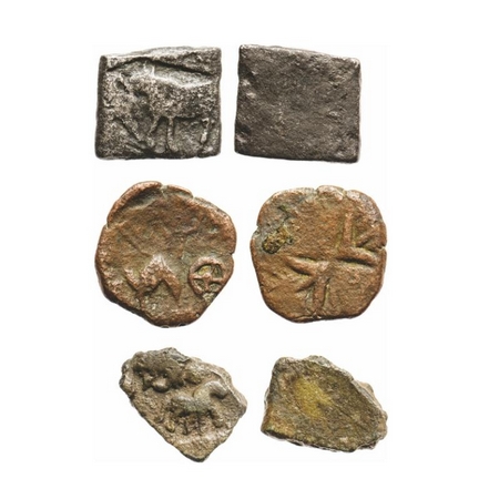 Satavahanas, Sri Satakarni, Copper Unit (3 Coins), 9.61g, 1) Nasik region, Obv: Elephant w