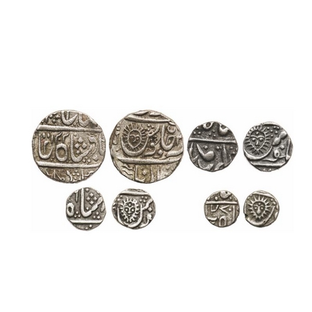 Indore, Silver, (4 Coins), Rupee AH 1202, ½, ¼ & 1/8 AH 1270, Indore Mint, Sun face betwee