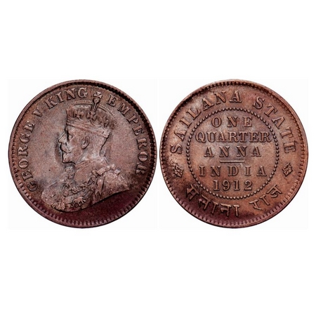 Sailana, Bronze ¼ Anna, 4.80g, Jaswant Singh (1890-1919 AD), 1912 AD, Bust of George V on 