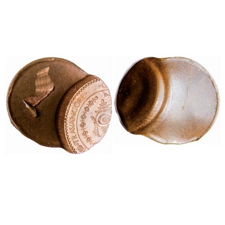 Travancore, Copper Chukram, 7.75g, Bala Rama Varma II, (portrait type). Error, off struck 
