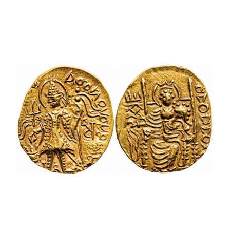 Kushanas, Vasudeva II (c. 267-300 AD), Gold Dinar, 7.76g, Obv: King standing left, holding