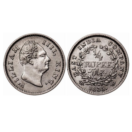 William IV, Silver, 1/4 Rupee, 1835, Calcutta Mint, A/III, Dug out f, Small dug out f, Gho