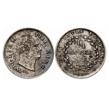 William IV, Silver, 1/4 Rupee, 1835, Bombay Mint, A/I, No initials, Rev aligned, Large and