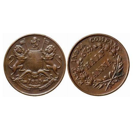 William IV, Copper, Half Anna, 1835, Madras Mint, 11'o clock die rotation on Rev. GK 66. V