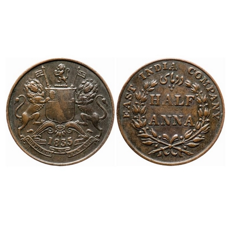 William IV, Copper, Half Anna, 1835, Bombay Mint. GK 142. Very Fine. Scarce.