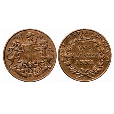 William IV, Copper, Quarter Anna, 1835, Madras Mint, A/II, Rev aligned, Planchet flaw on O