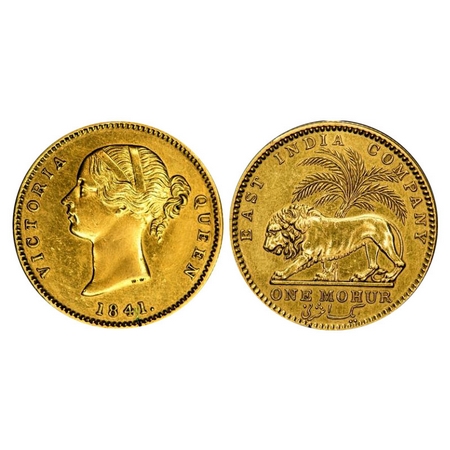 Victoria Queen, Gold, One Mohur, 1841, DL, Calcutta Mint, Cross bar of numeral '4' of date
