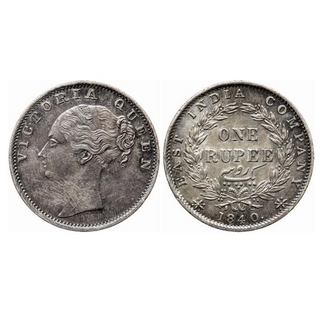 Victoria Queen, Silver, Rupee, 1840, CL, Calcutta Mint, C/VI with 'M' incused. GK 94. Abou