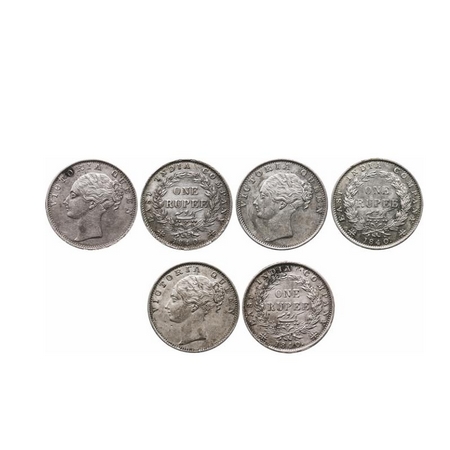 Victoria Queen, Silver, Rupee (3 Coins), 1840, CL, Bombay Mint, C/VI, Wreath with 35 Berri