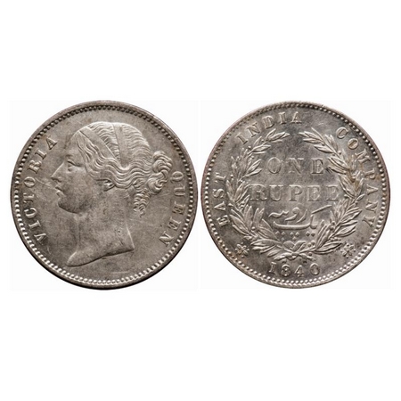 Victoria Queen, Silver, Rupee, 1840, DL, Calcutta Mint, W.W. Raised, 28 Berries, Short cro