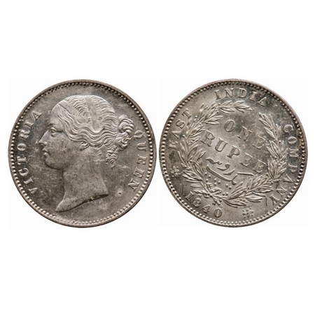Victoria Queen, Silver, Rupee, 1840, DL, Bombay Mint, W.W. Raised, 28 Berries, 1 'o clock