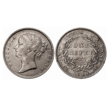 Victoria Queen, Silver, Rupee, 1840, DL, Madras Mint, W.W. 'B' raised, 28 Berries (13L + 1