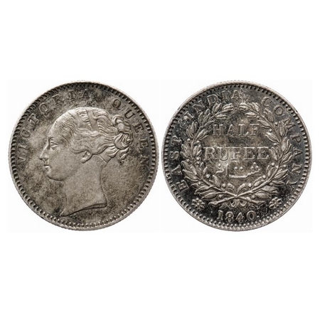Victoria Queen, Silver, Half Rupee, 1840, CL, Madras Mint, A/I. GK 122. About Extremely Fi