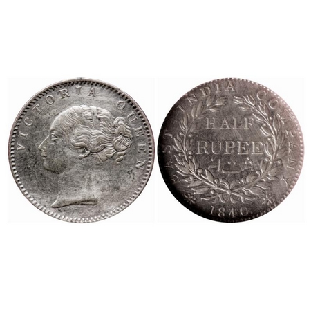 Victoria Queen, Silver, Half Rupee, 1840, CL, Bombay Mint, A/I, English Head, 19 Berries (