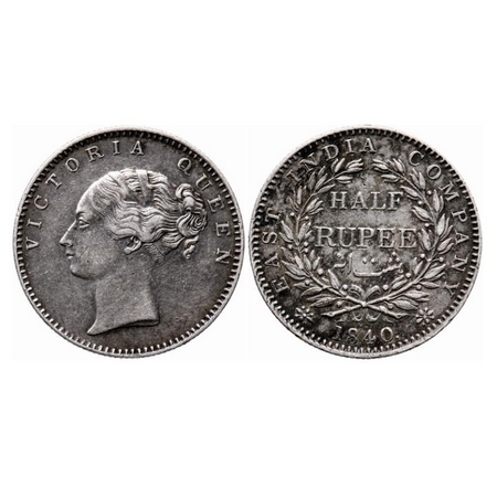 Victoria Queen, Silver, Half Rupee, 1840, CL, Bombay Mint, A/I, English Head, 19 Berries (