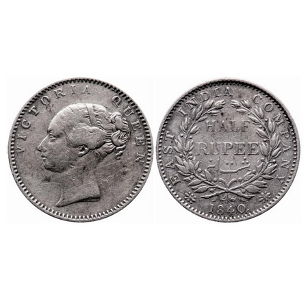 Victoria Queen, Silver, Half Rupee, 1840, CL, Bombay Mint, A/I, English Head, 19 Berries (