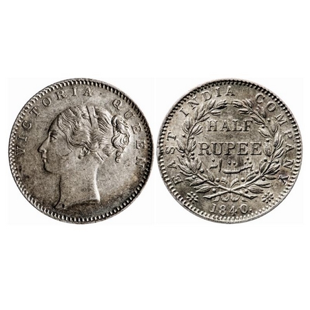 Victoria Queen, Silver, Half Rupee, 1840, CL, Bombay Mint, A/I, English Head, 19 Berries (