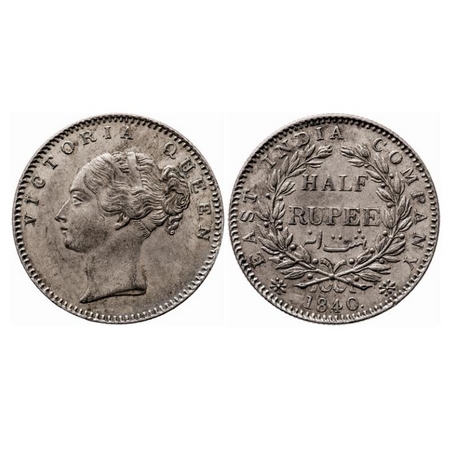 Victoria Queen, Silver, Half Rupee, 1840, CL, Bombay Mint, A/I, English Head, 19 Berries (