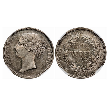 Victoria Queen, Silver, Half Rupee,1840, DL, Calcutta Mint, .W.W incused, Wreath with 24 B