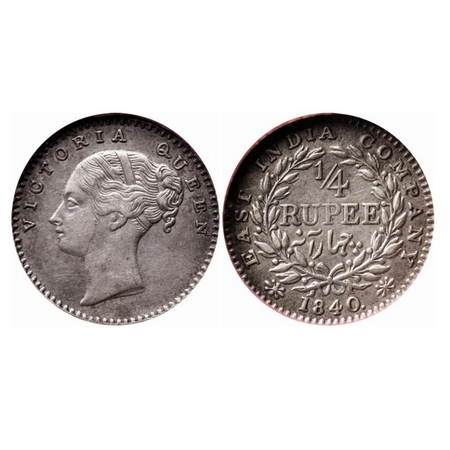 Victoria Queen, Silver, 1/4 Rupee, 1840, CL, Calcutta Mint, A/I, English Head, Wreath with