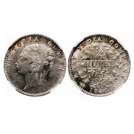 Victoria Queen, Silver, 1/4 Rupee, 1840, CL, Calcutta Mint, C/II, Indian head, A faint cur