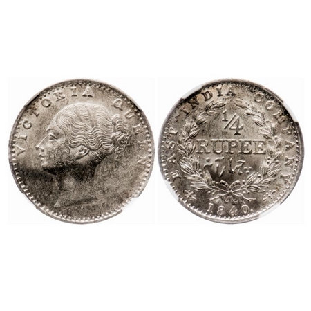 Victoria Queen, Silver, 1/4 Rupee, 1840, CL, Calcutta Mint, C/II, Indian head, A faint cur