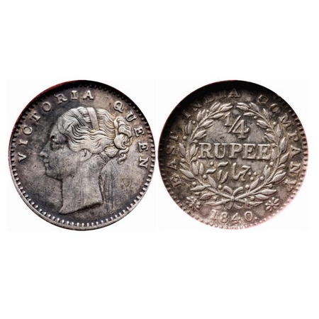 Victoria Queen, Silver, 1/4 Rupee, 1840, CL, Bombay Mint, A(b)/I, English Head, w/o Curl o