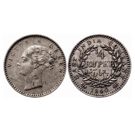 Victoria Queen, Silver, 1/4 Rupee, 1840, CL, Bombay Mint, B/I, English Head with modified 